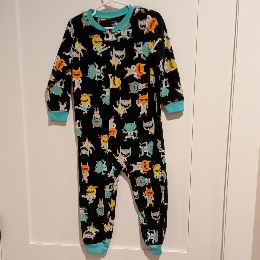 Kids Black Monster Print One-Piece Pajamas with Teal Trim